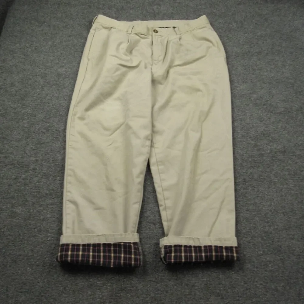 LL Bean Pants Men 36x27 Cream Beige Flannel Lined Pleated Natural‎ Fit Flawed